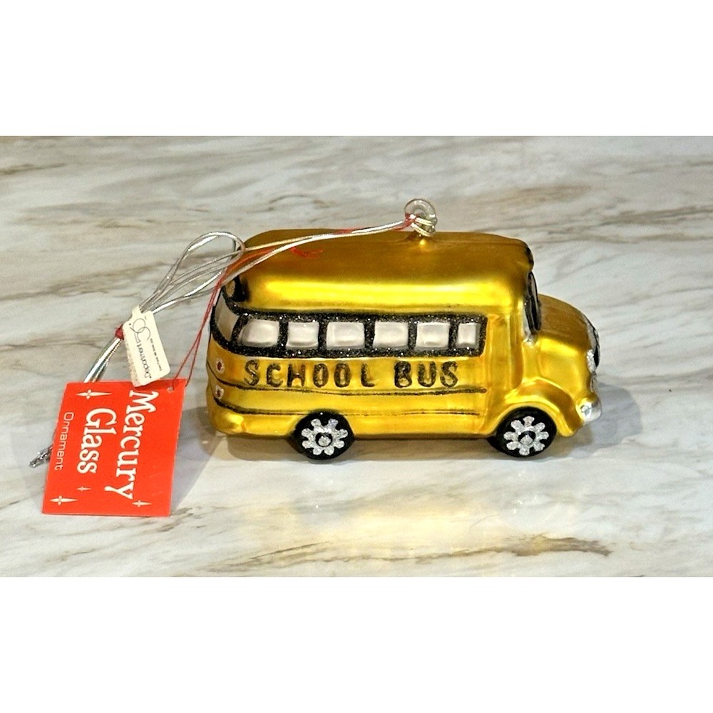 Jumbo Dept 56 Mercury Glass Big Yellow School Bus Christmas Ornament Handblown